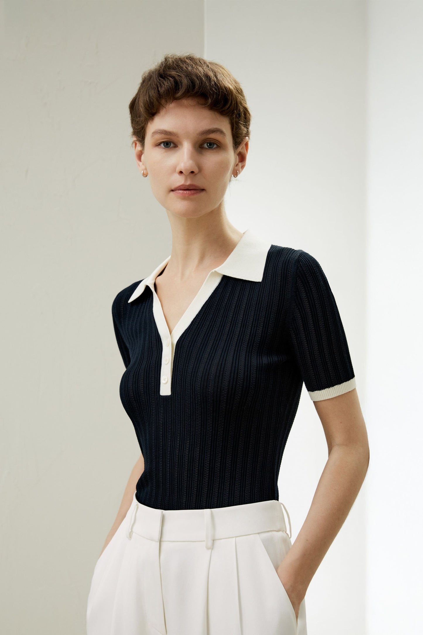 V Neck Ribbed Silk Knit Top