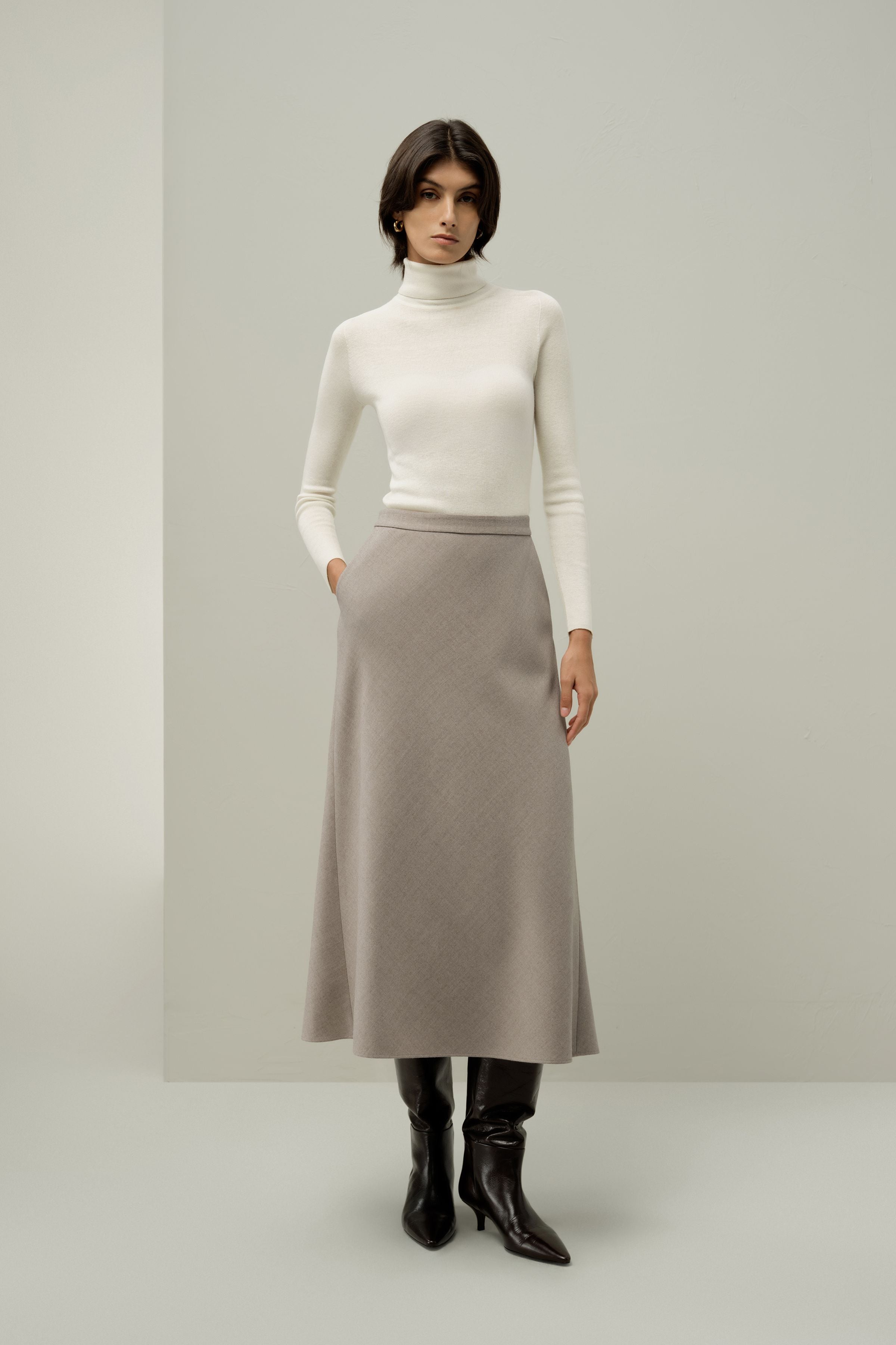 Mottled Silk-Wool A-Line Skirt