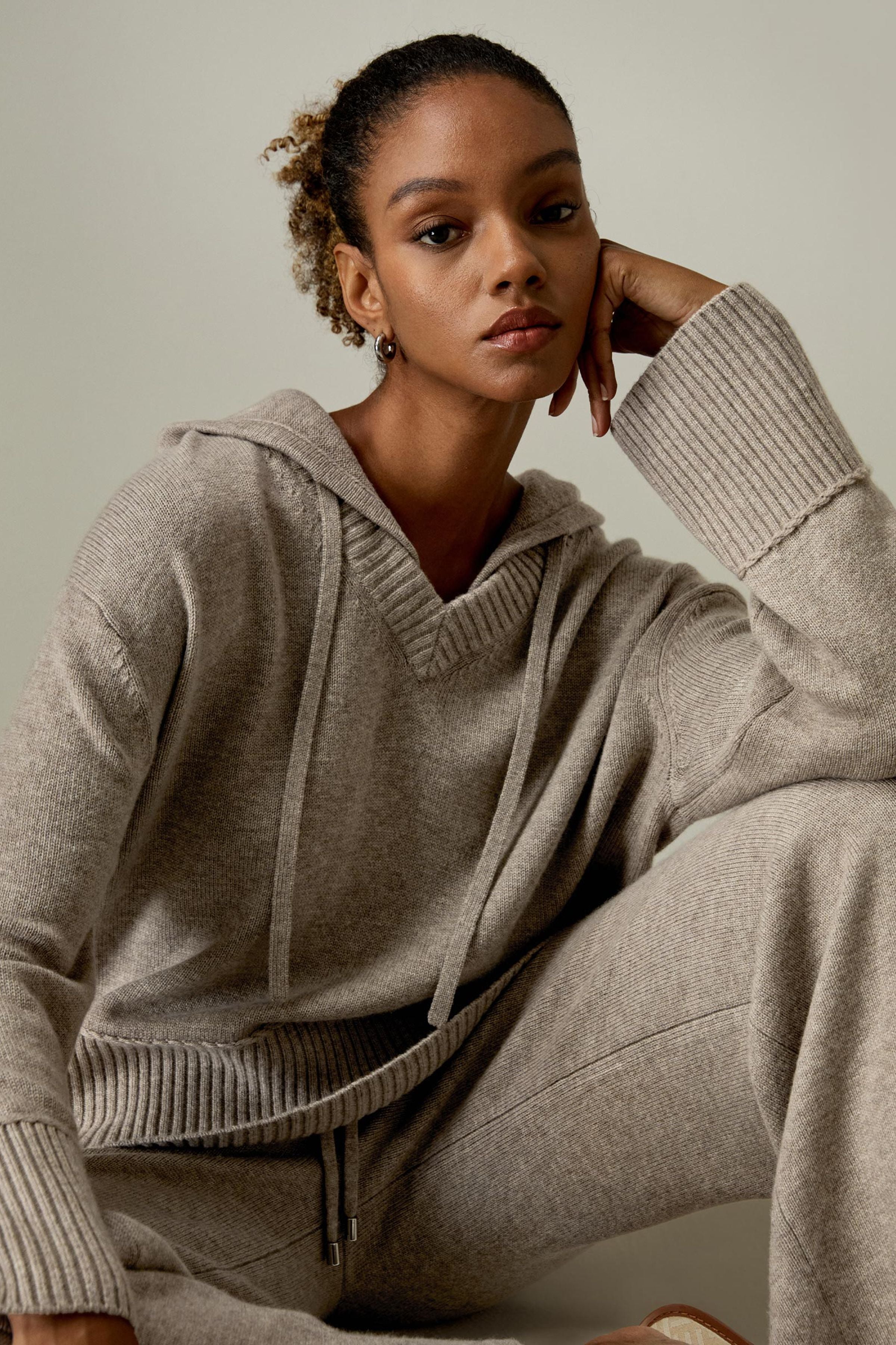 V Neck Wool-Cashmere Blend Hoodie