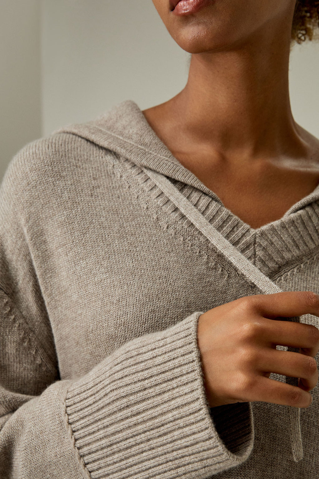 V Neck Wool-Cashmere Blend Hoodie