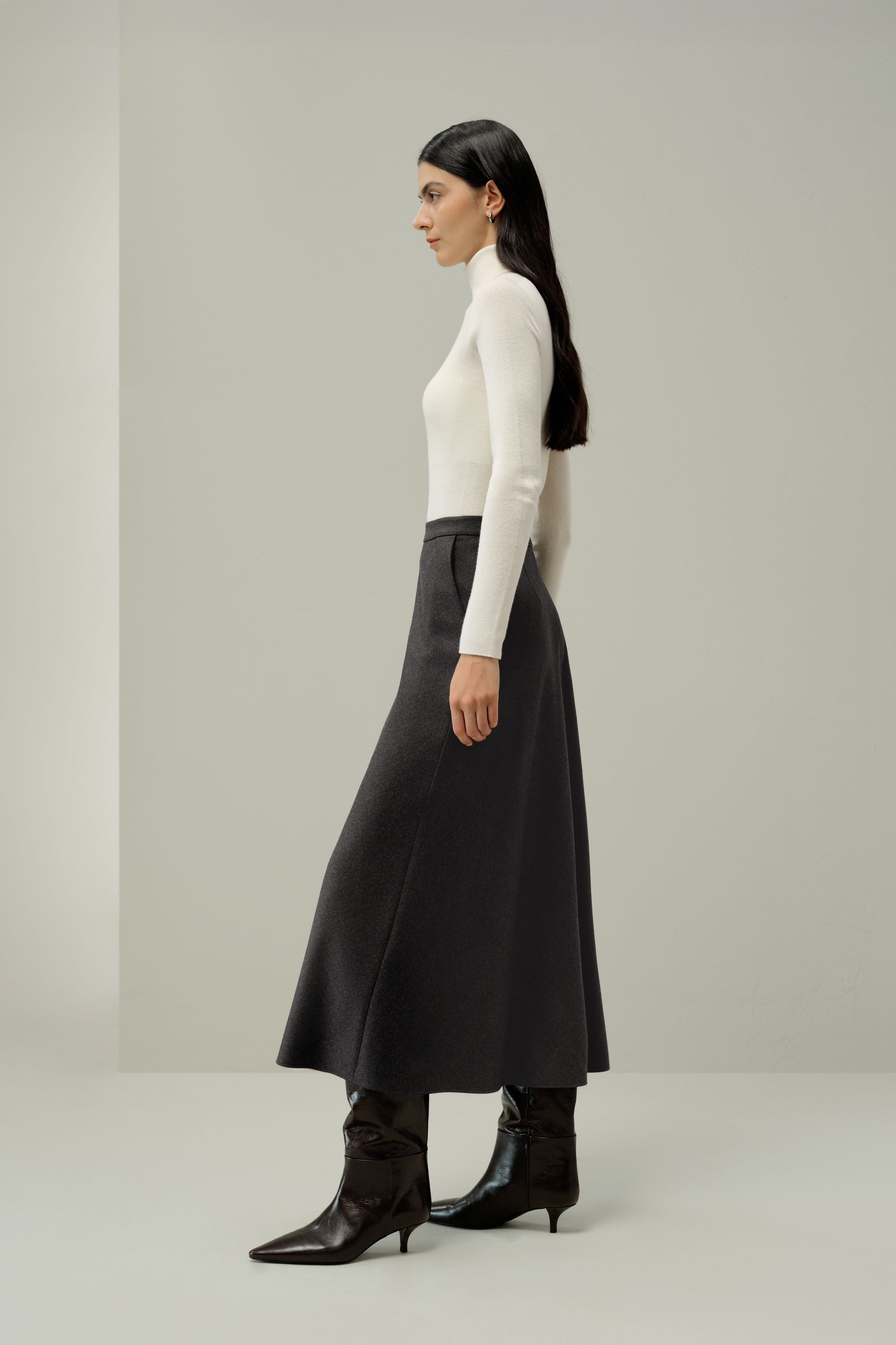 Mottled Silk-Wool A-Line Skirt