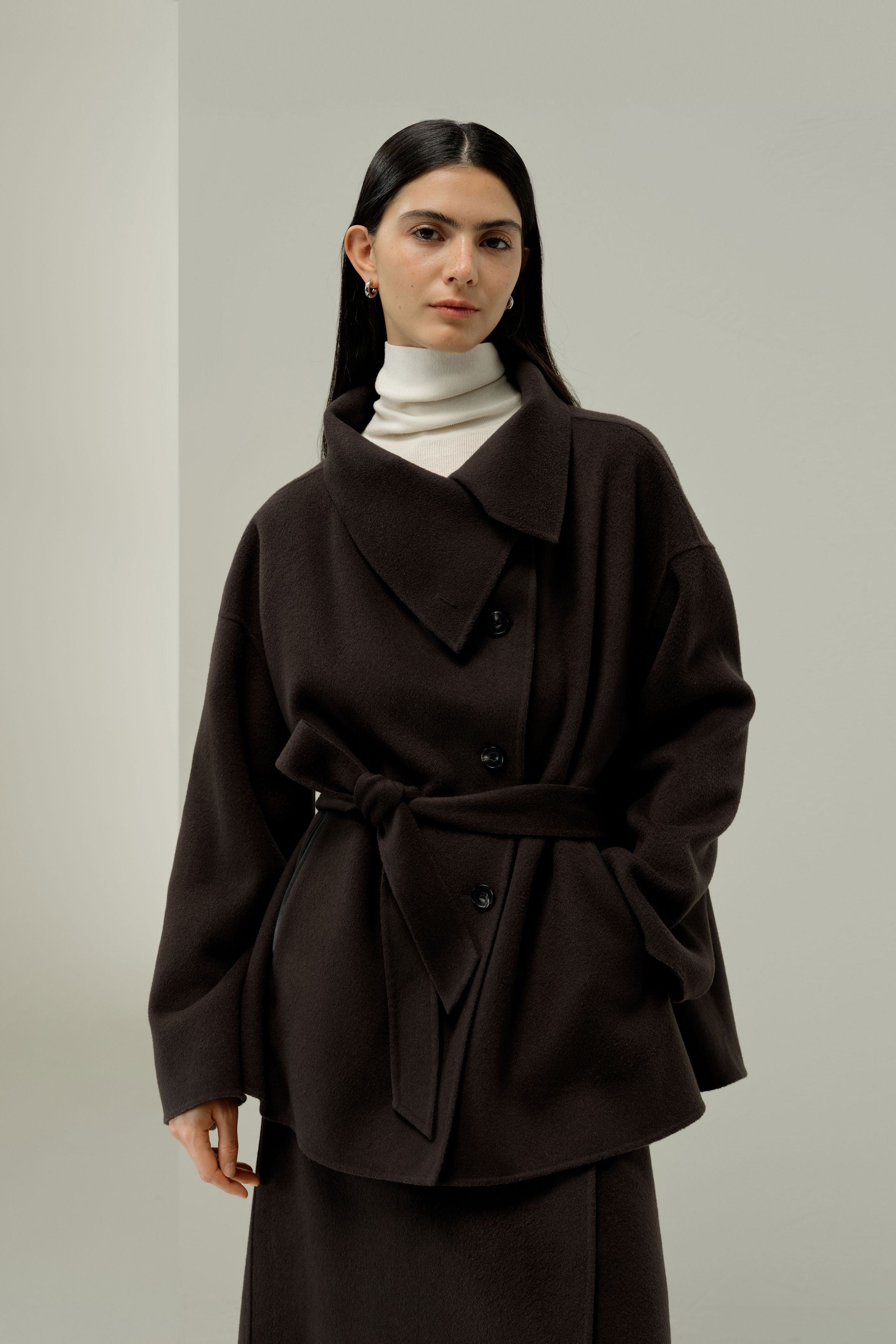 Convertible Collar Silke-Wool Blend Coat