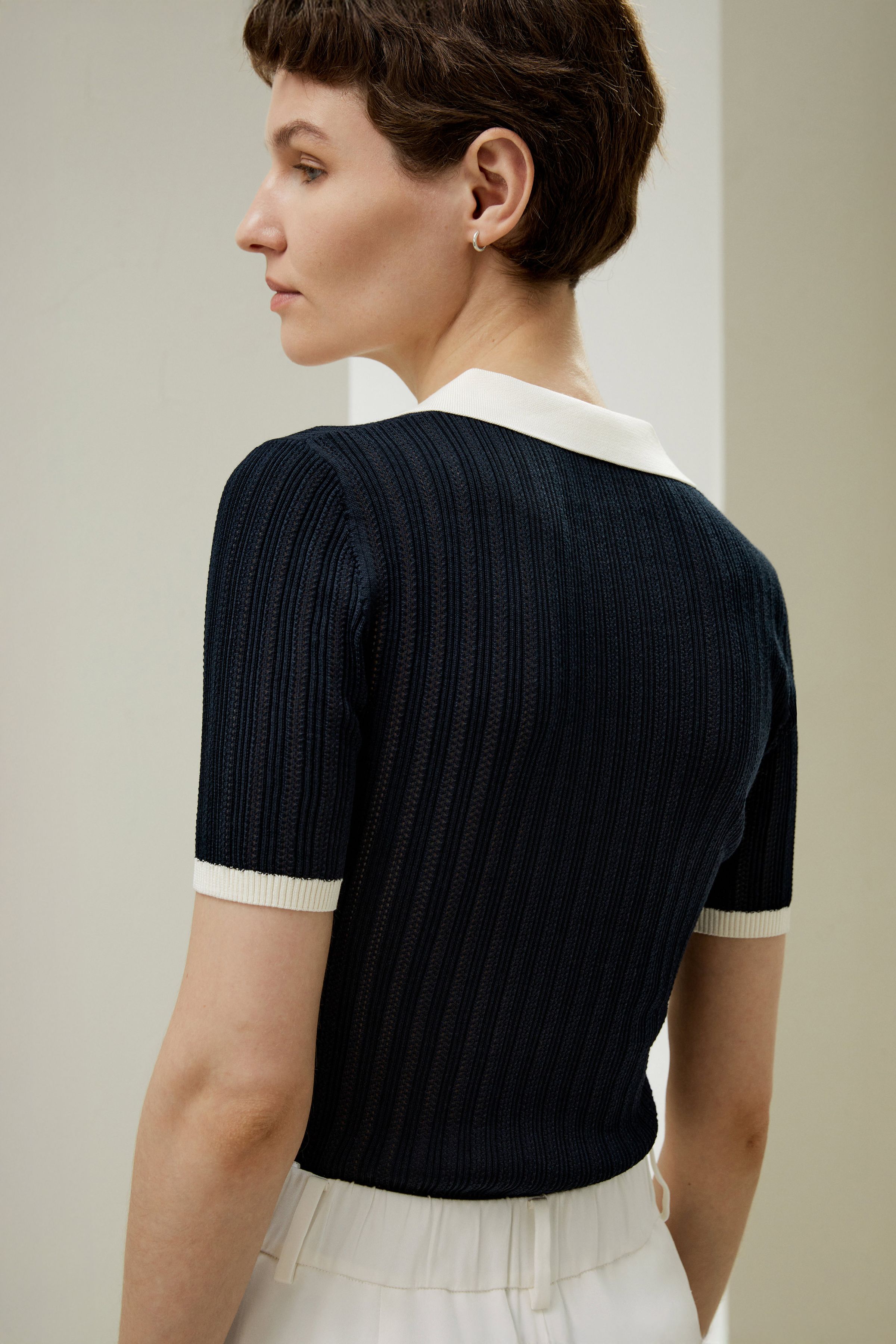 V Neck Ribbed Silk Knit Top