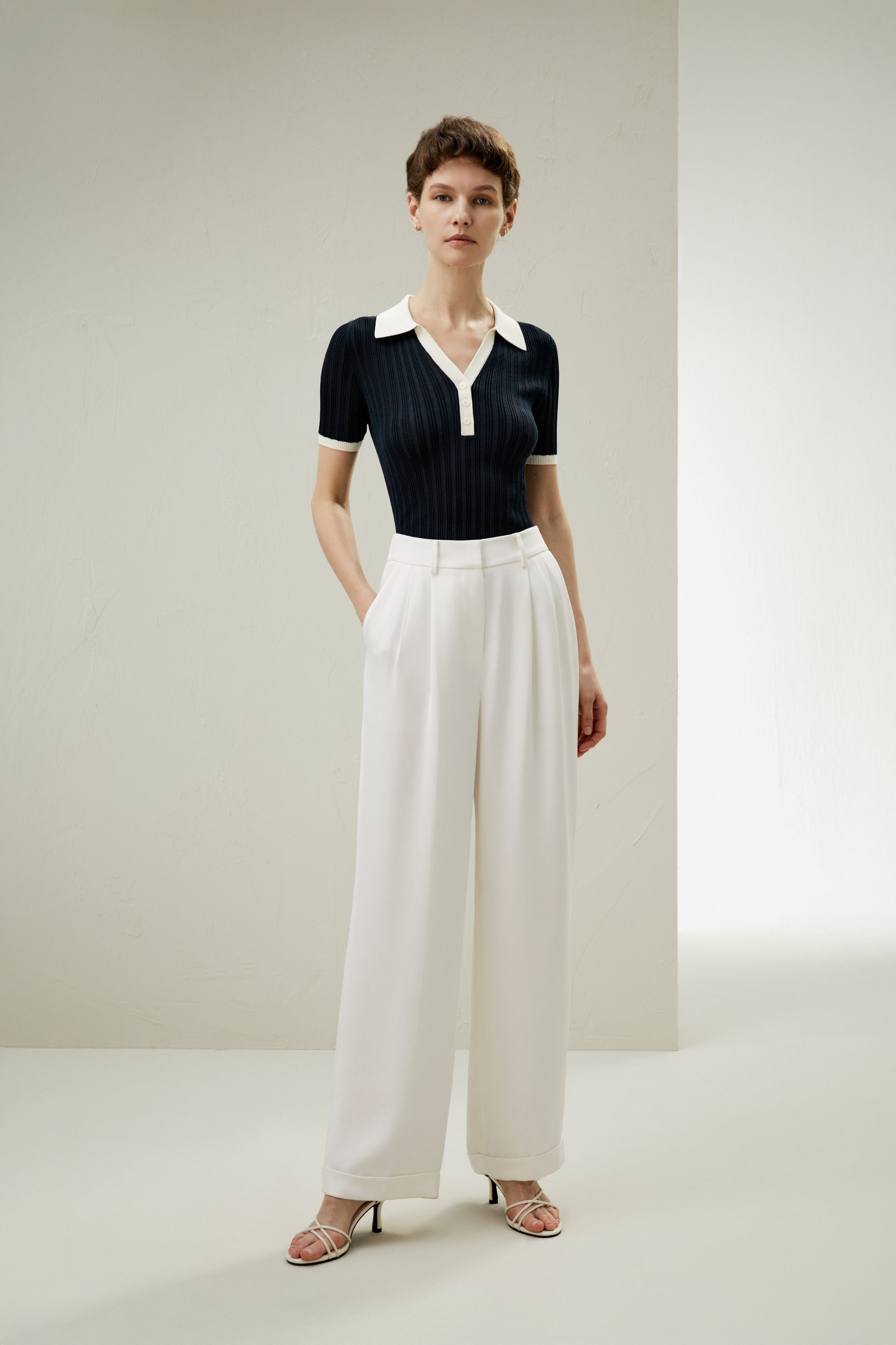 V Neck Ribbed Silk Knit Top