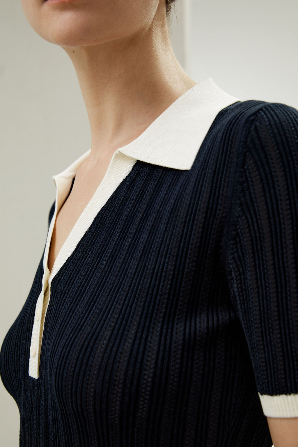 V Neck Ribbed Silk Knit Top