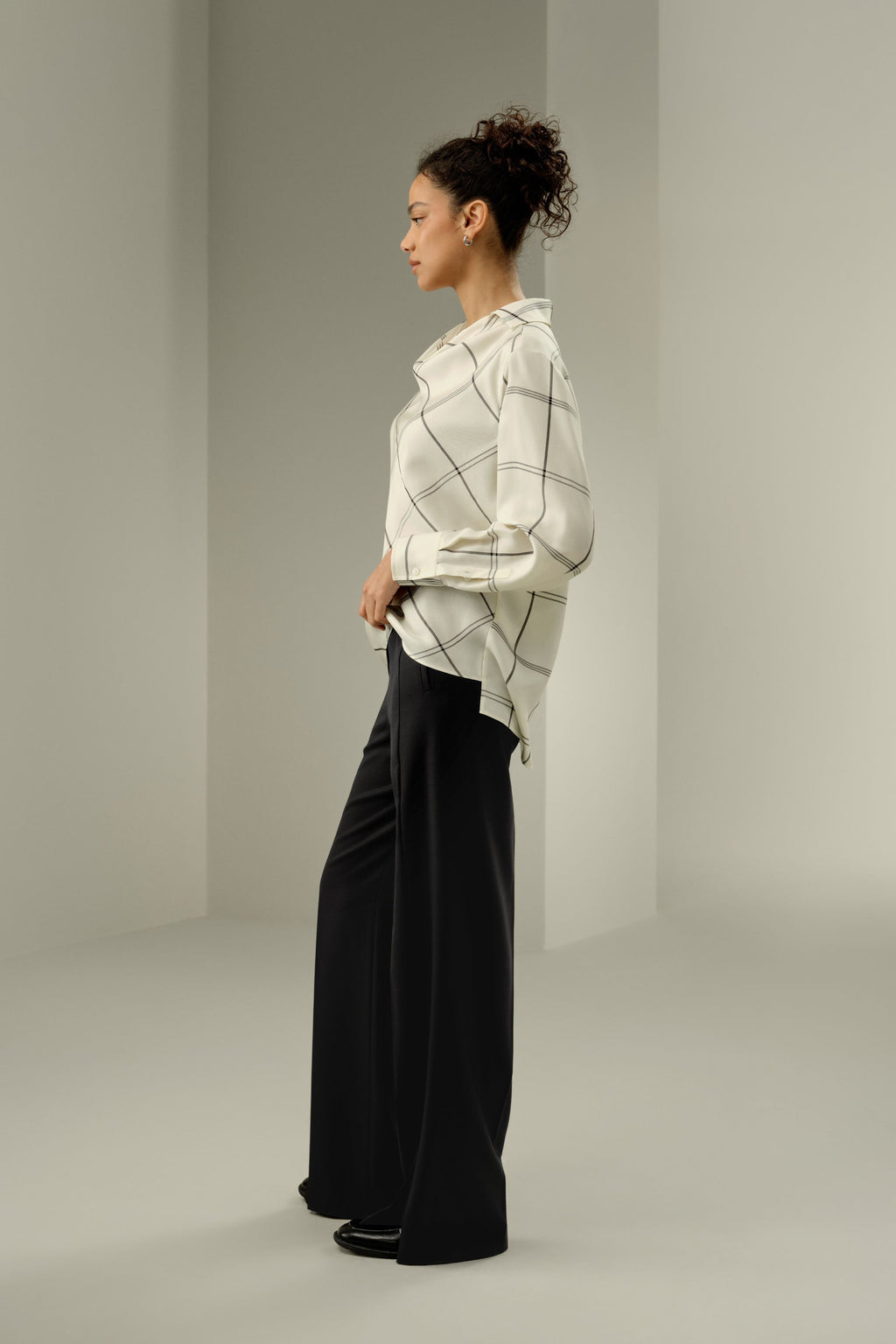 Silk Twill Cowl Neck Top in Check