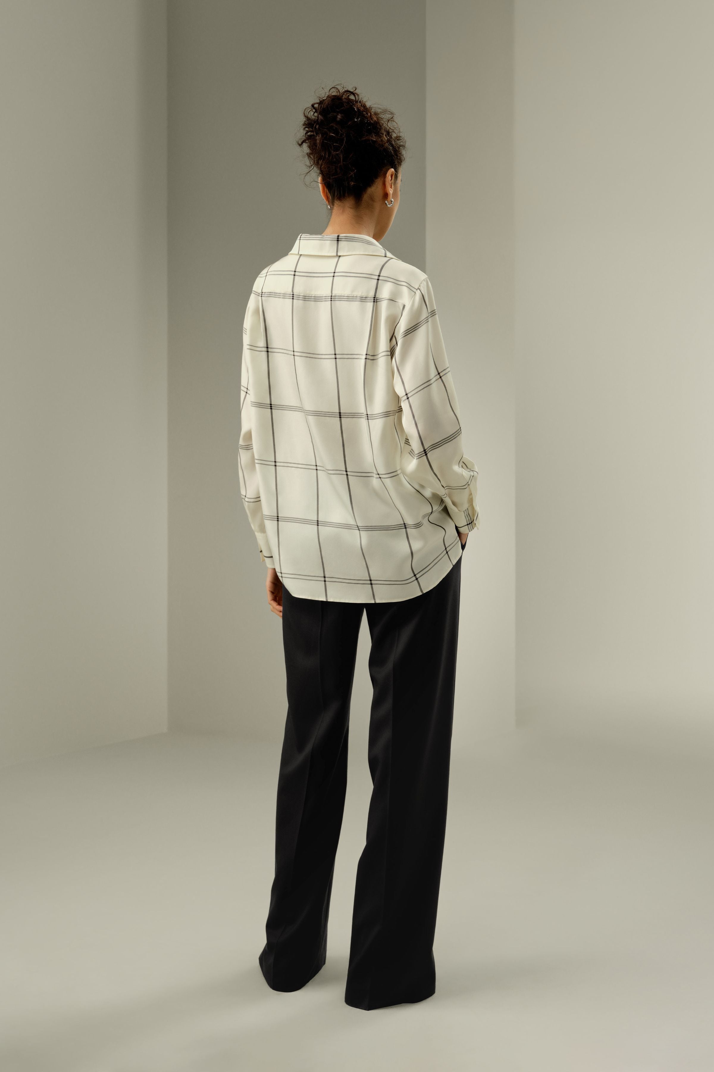 Silk Twill Cowl Neck Top in Check