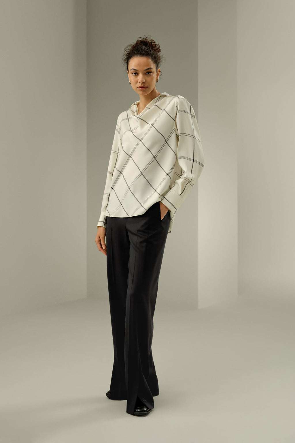 Silk Twill Cowl Neck Top in Check