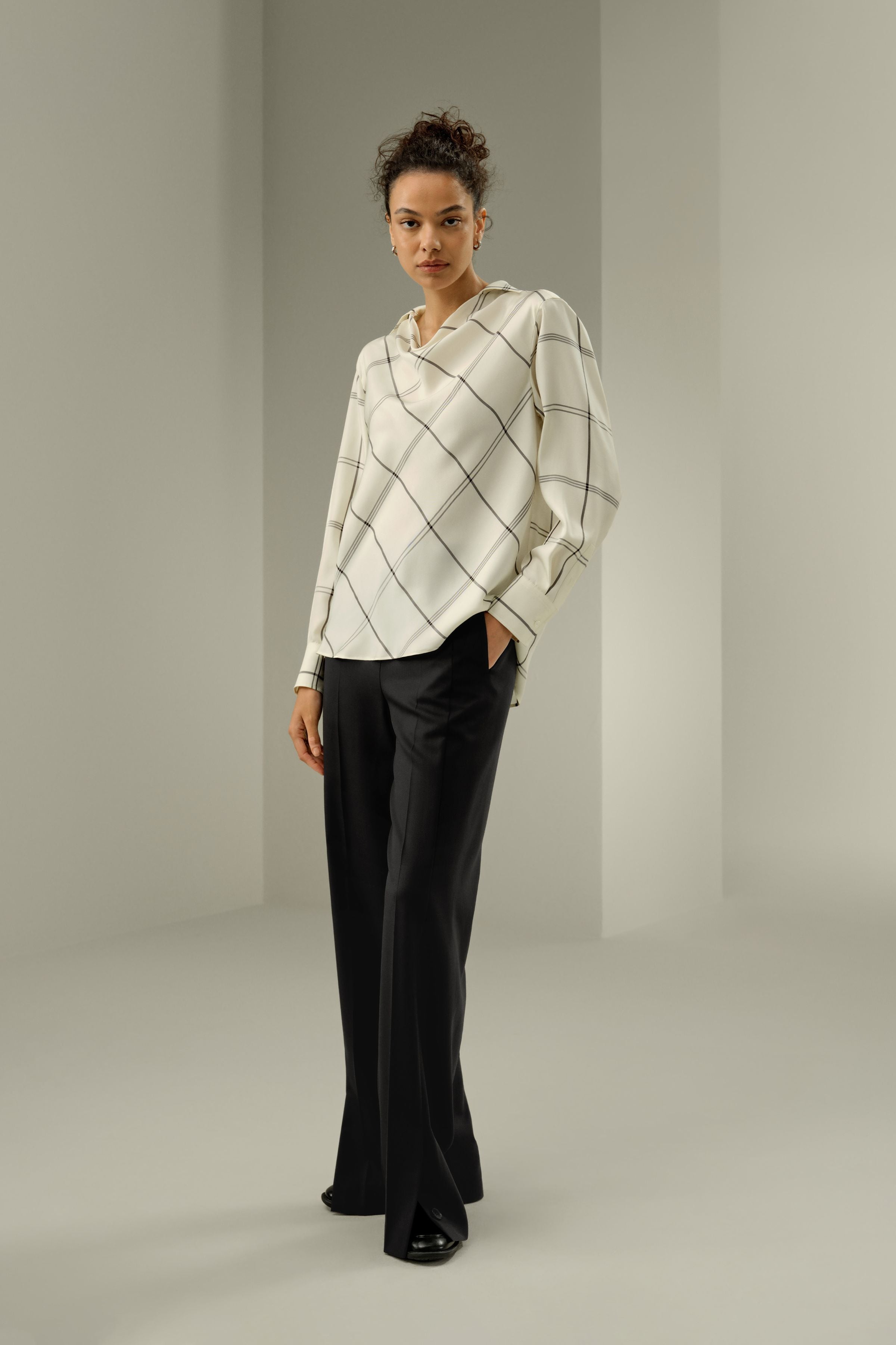 Silk Twill Cowl Neck Top in Check