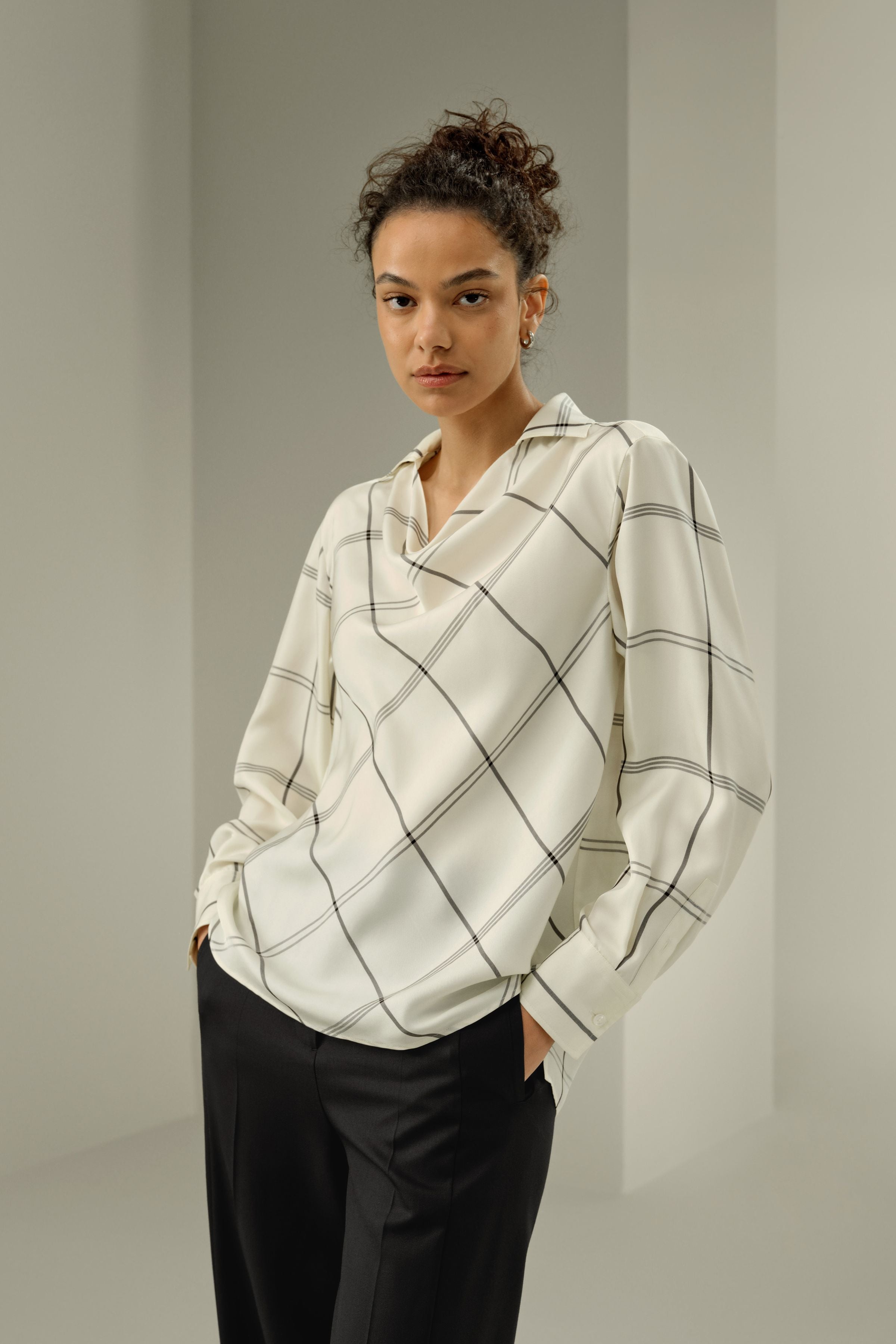 Silk Twill Cowl Neck Top in Check