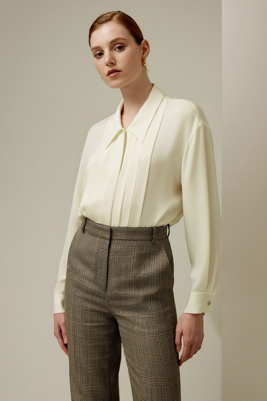 Pleated Point Collar Silk Blouse