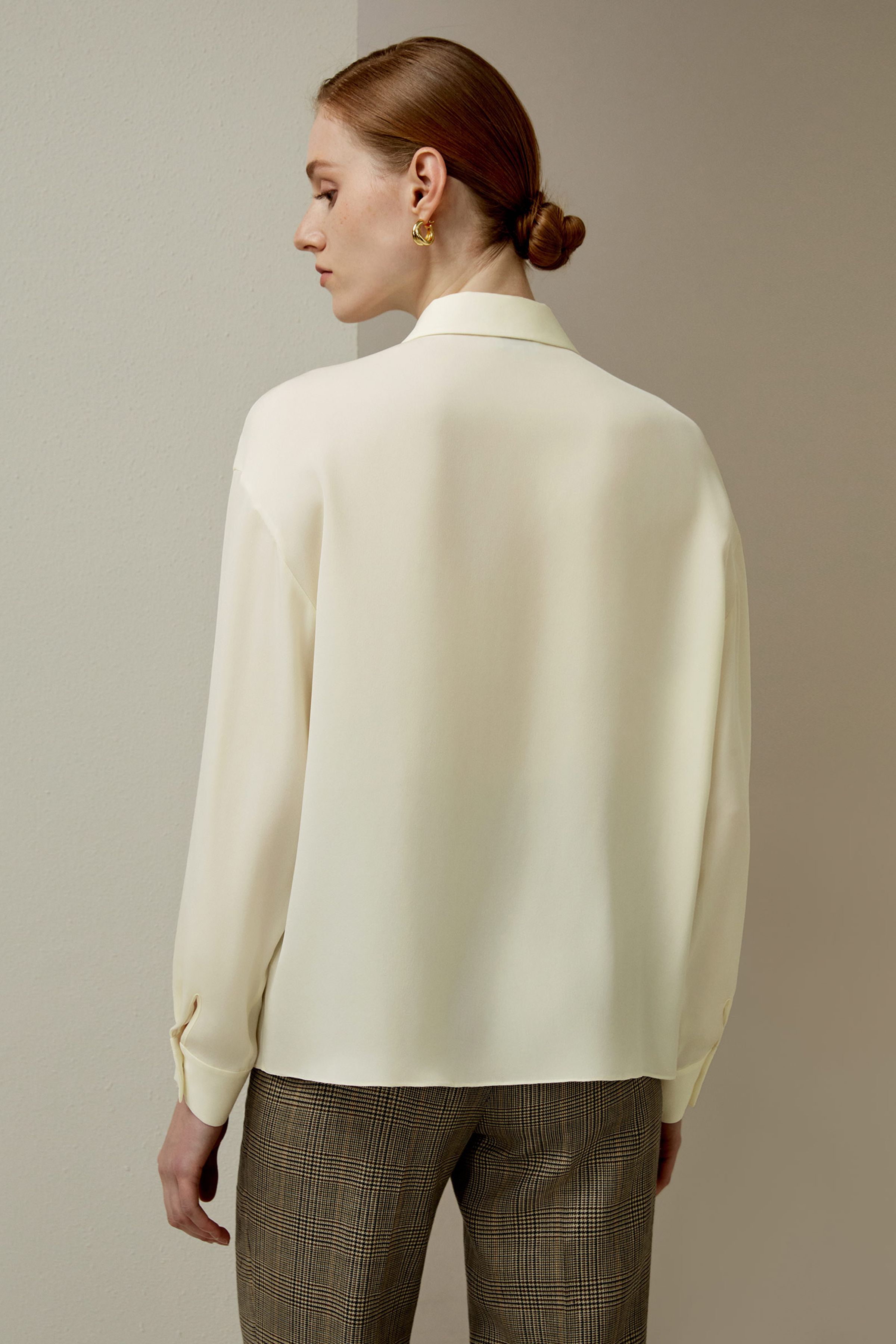 Pleated Point Collar Silk Blouse