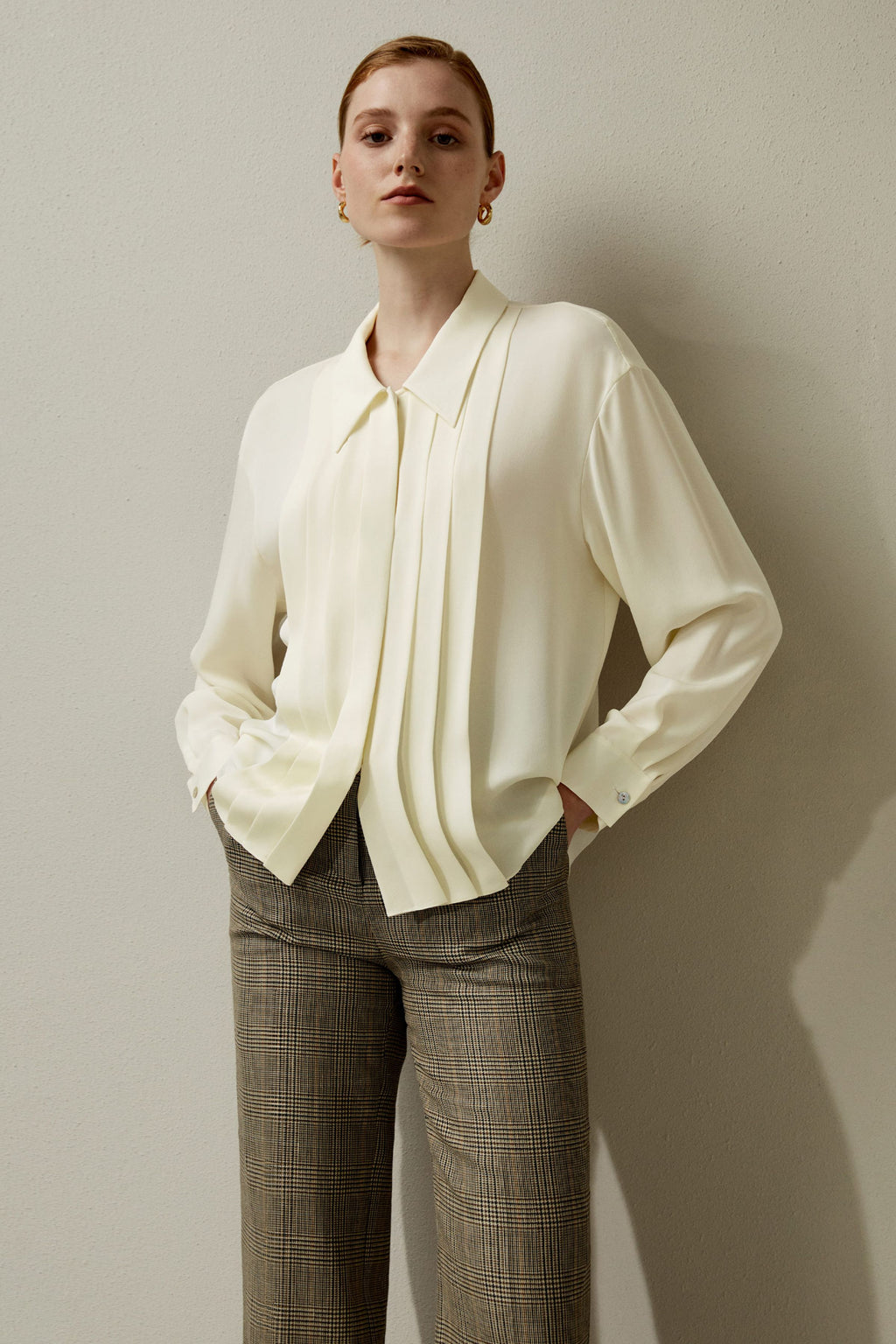 Pleated Point Collar Silk Blouse