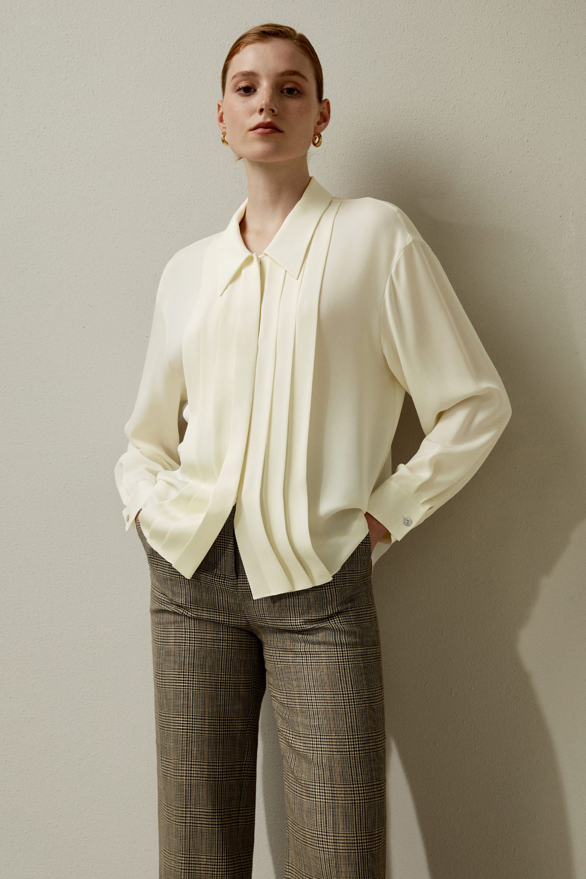 Pleated Point Collar Silk Blouse