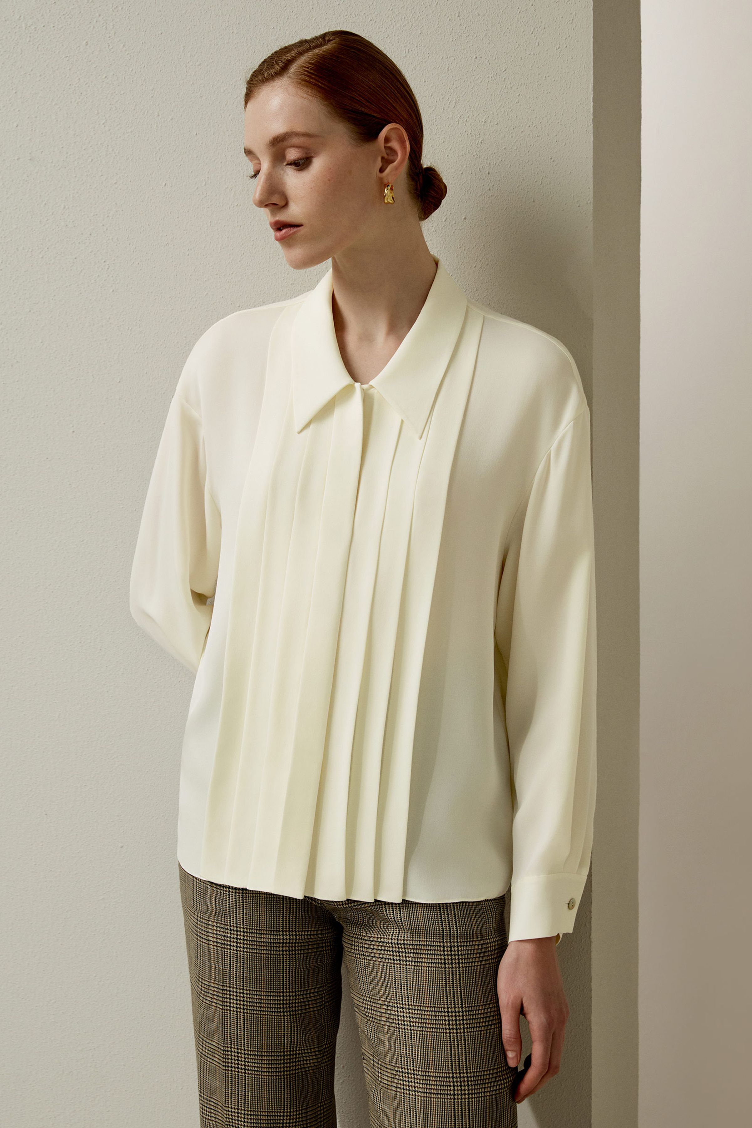 Pleated Point Collar Silk Blouse