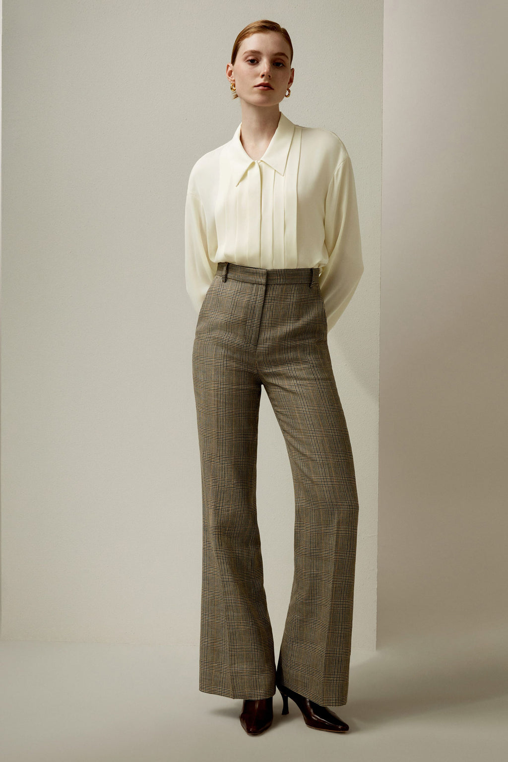 Pleated Point Collar Silk Blouse