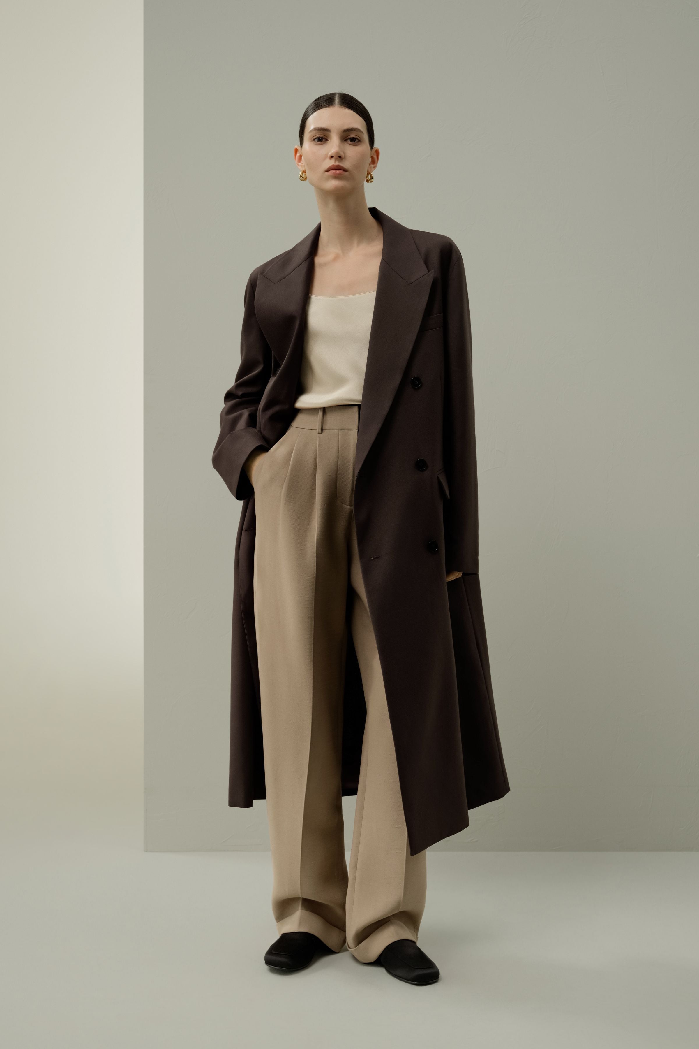 Draped Silk-Wool Draped Long Coat