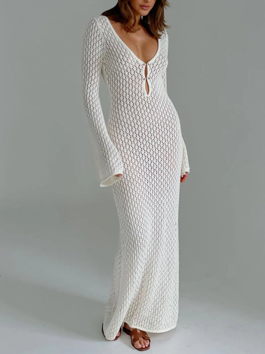 Cover Up Long Sleeve Open Back Long Dress