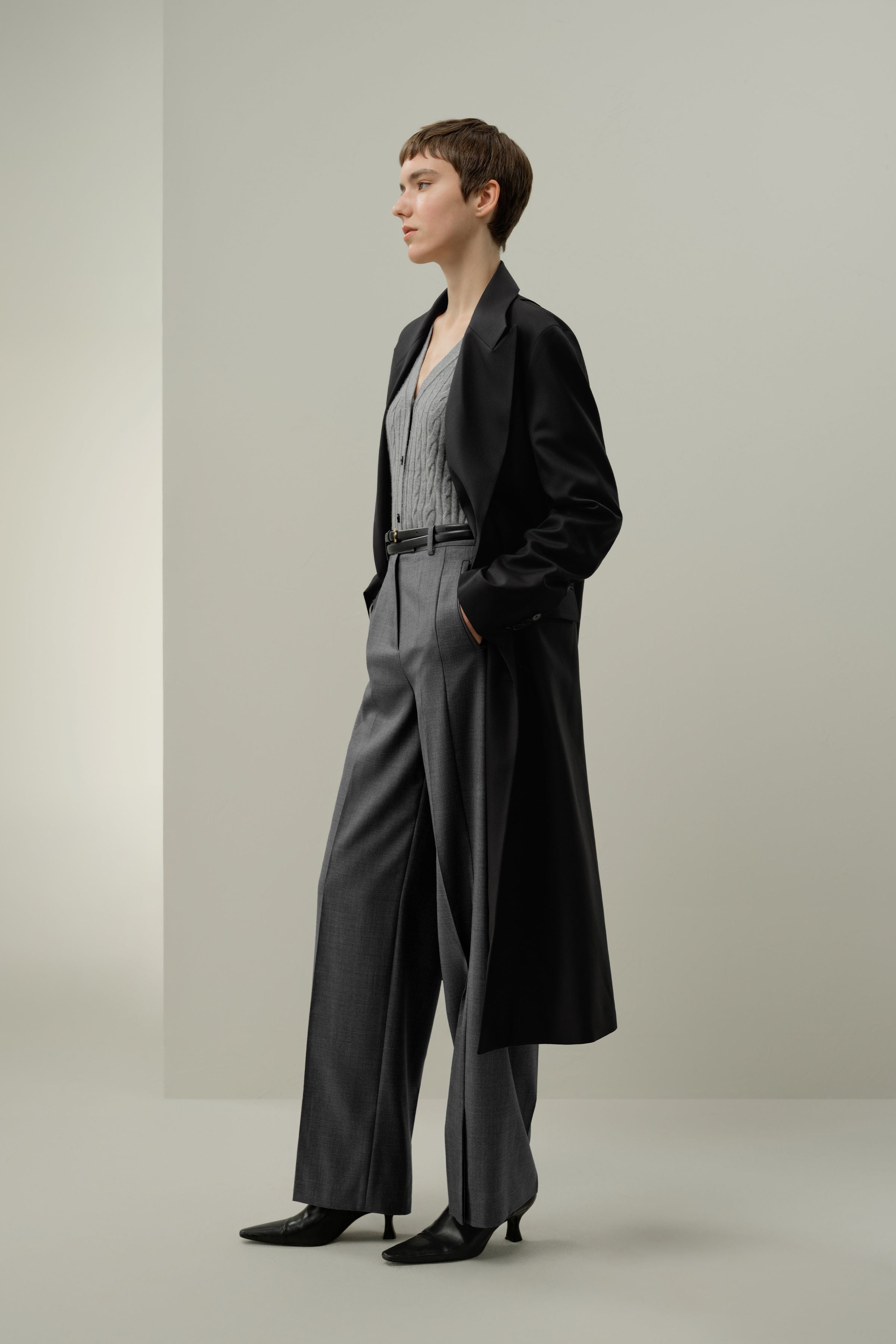 Draped Silk-Wool Draped Long Coat
