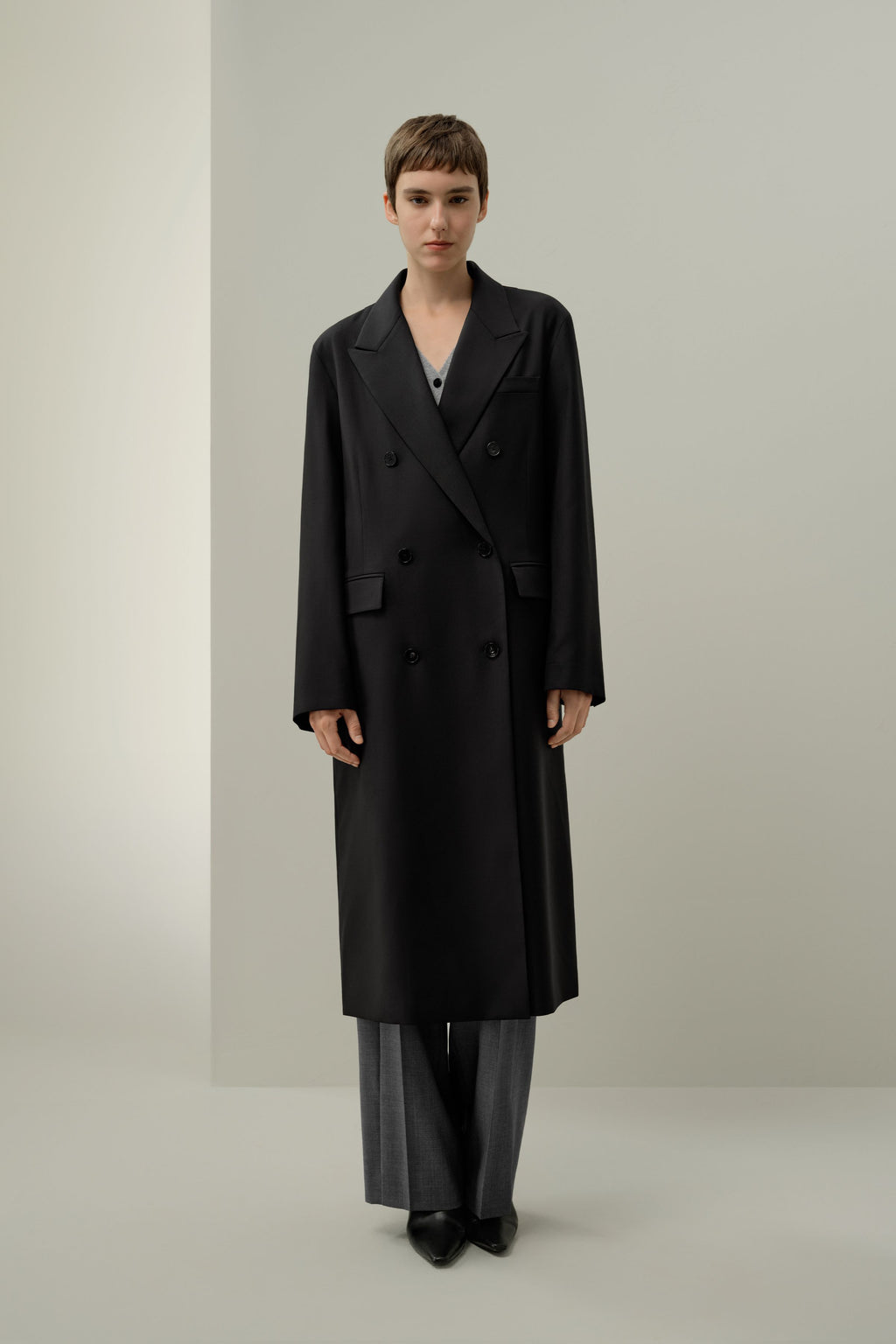 Draped Silk-Wool Draped Long Coat
