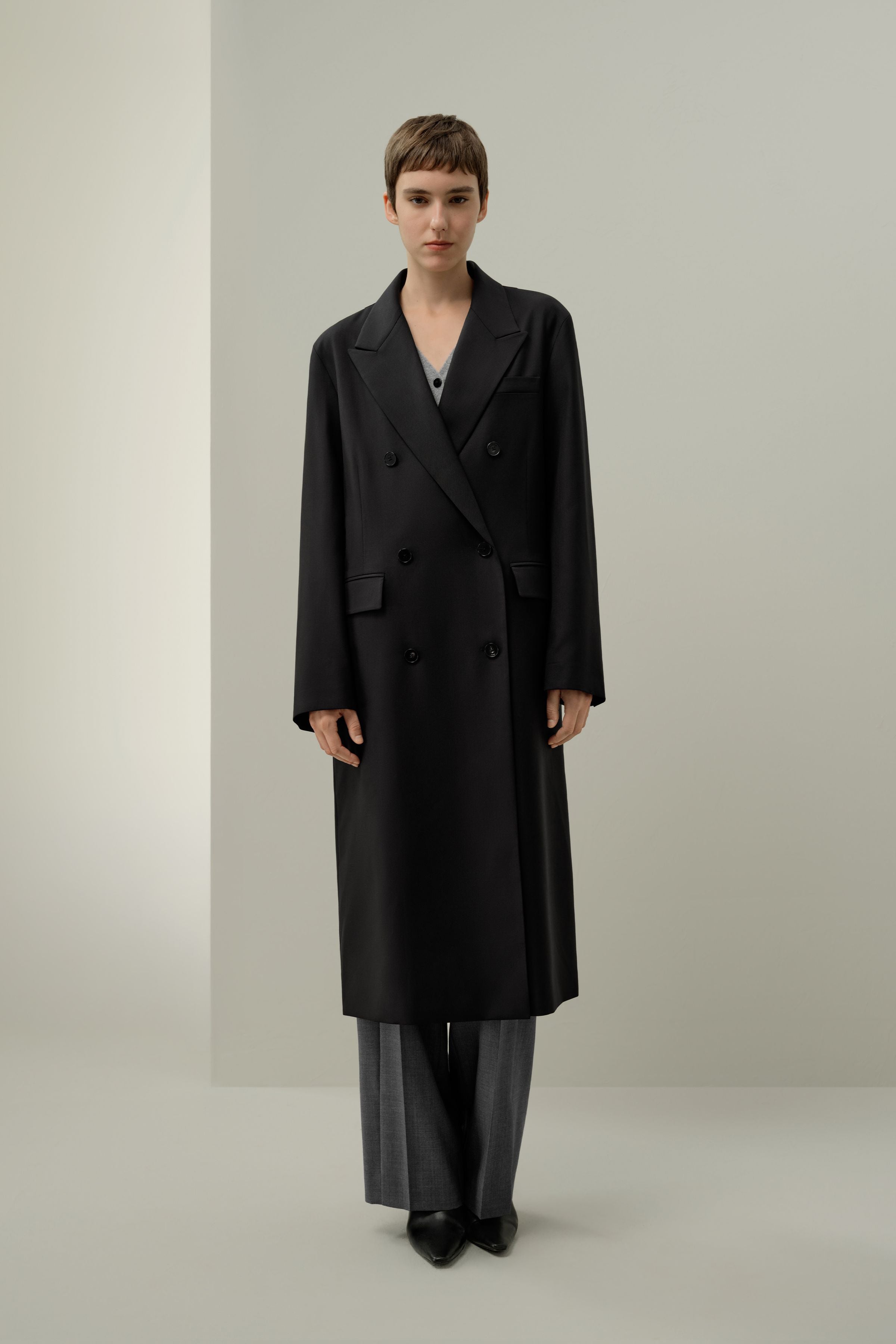 Draped Silk-Wool Draped Long Coat