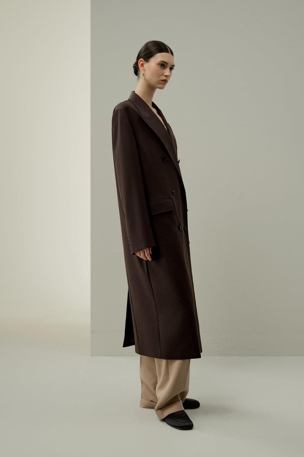 Draped Silk-Wool Draped Long Coat
