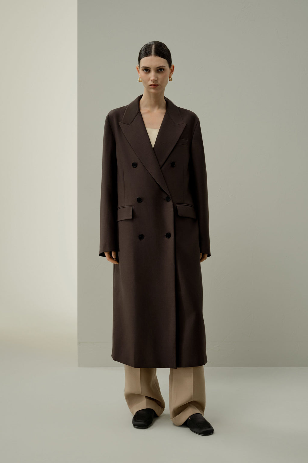 Draped Silk-Wool Draped Long Coat