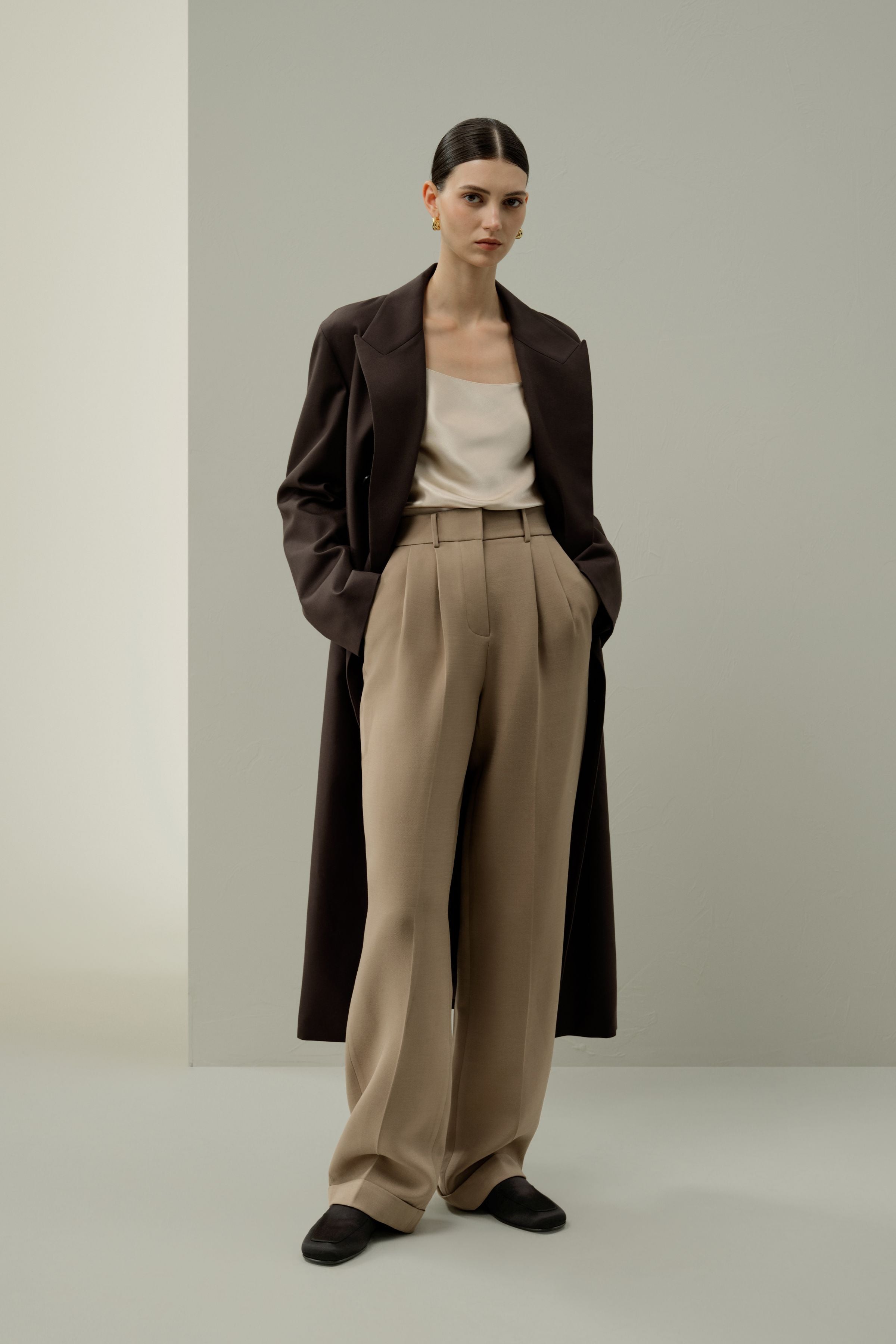 Draped Silk-Wool Draped Long Coat