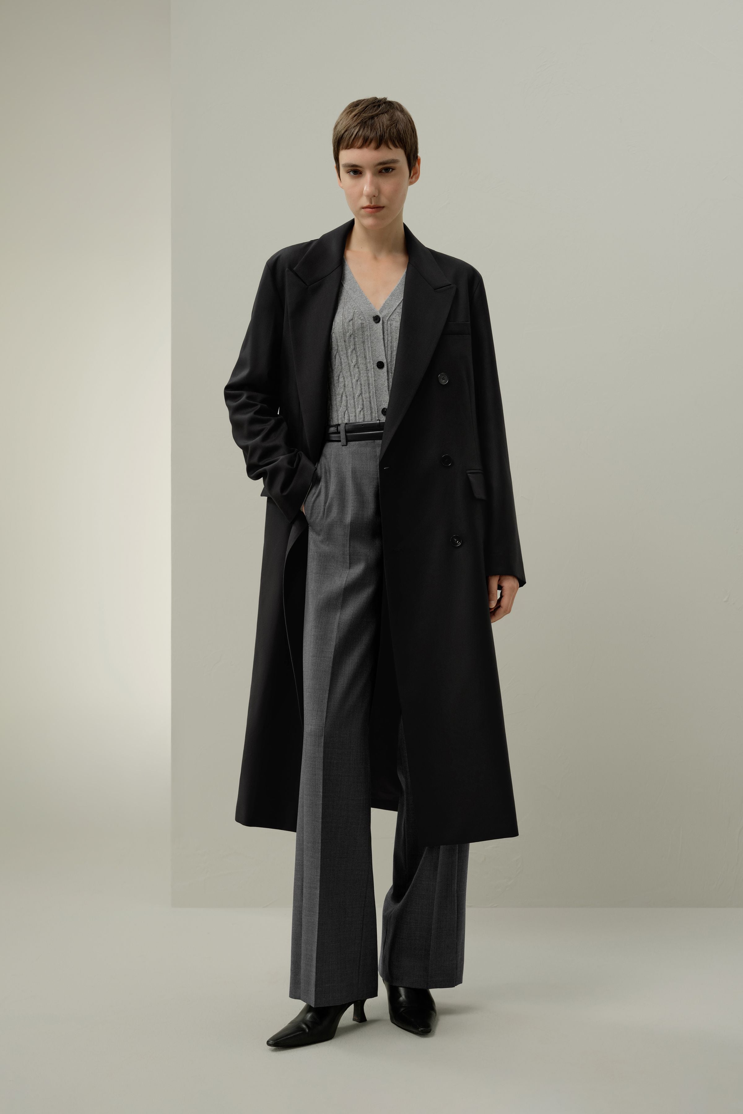 Draped Silk-Wool Draped Long Coat