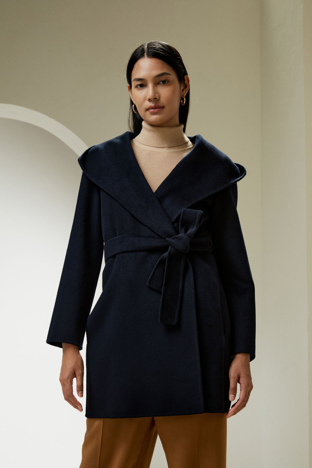 Cashmere-Wool-Blend Belted Short Hooded Coat
