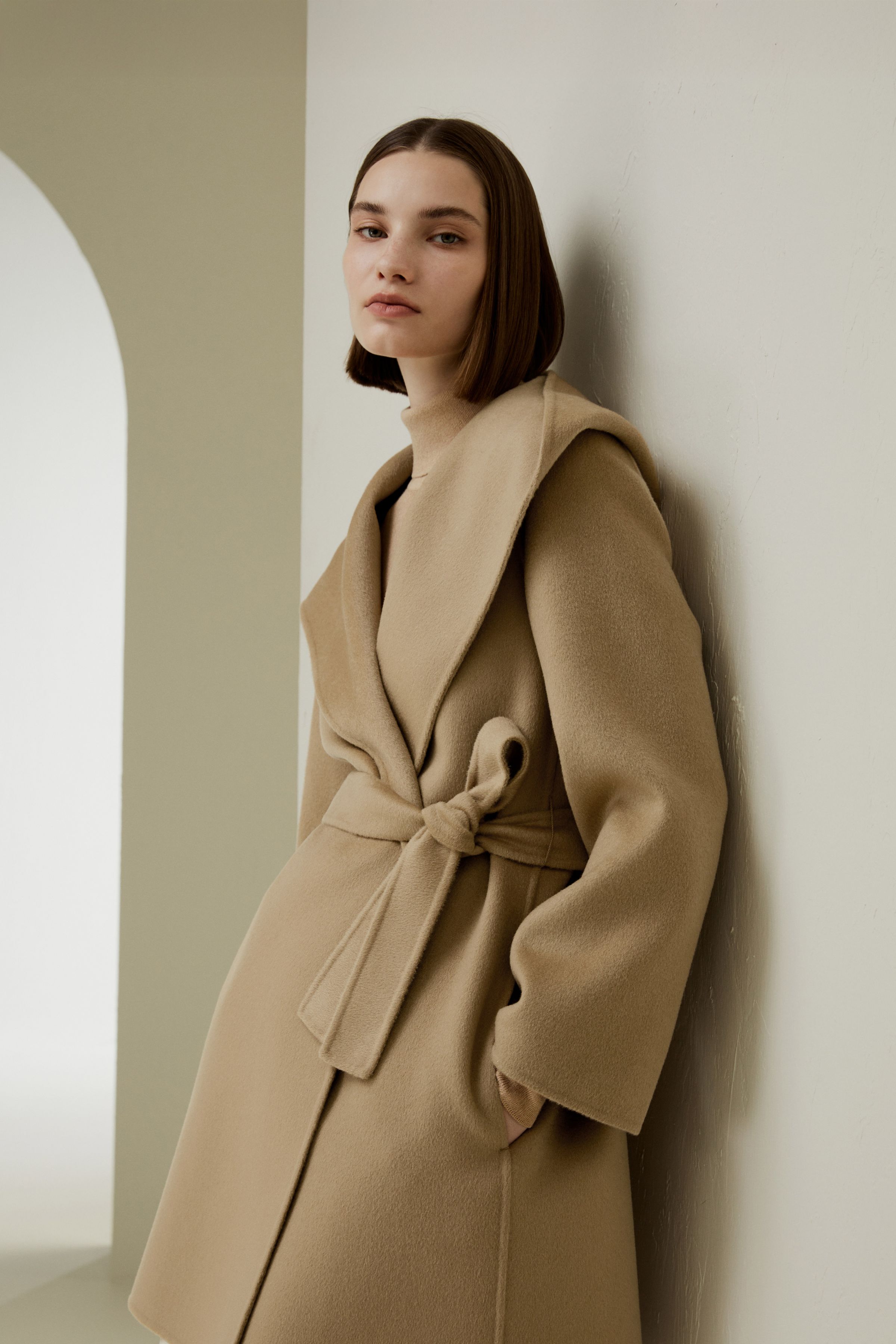 Cashmere-Wool-Blend Belted Short Hooded Coat