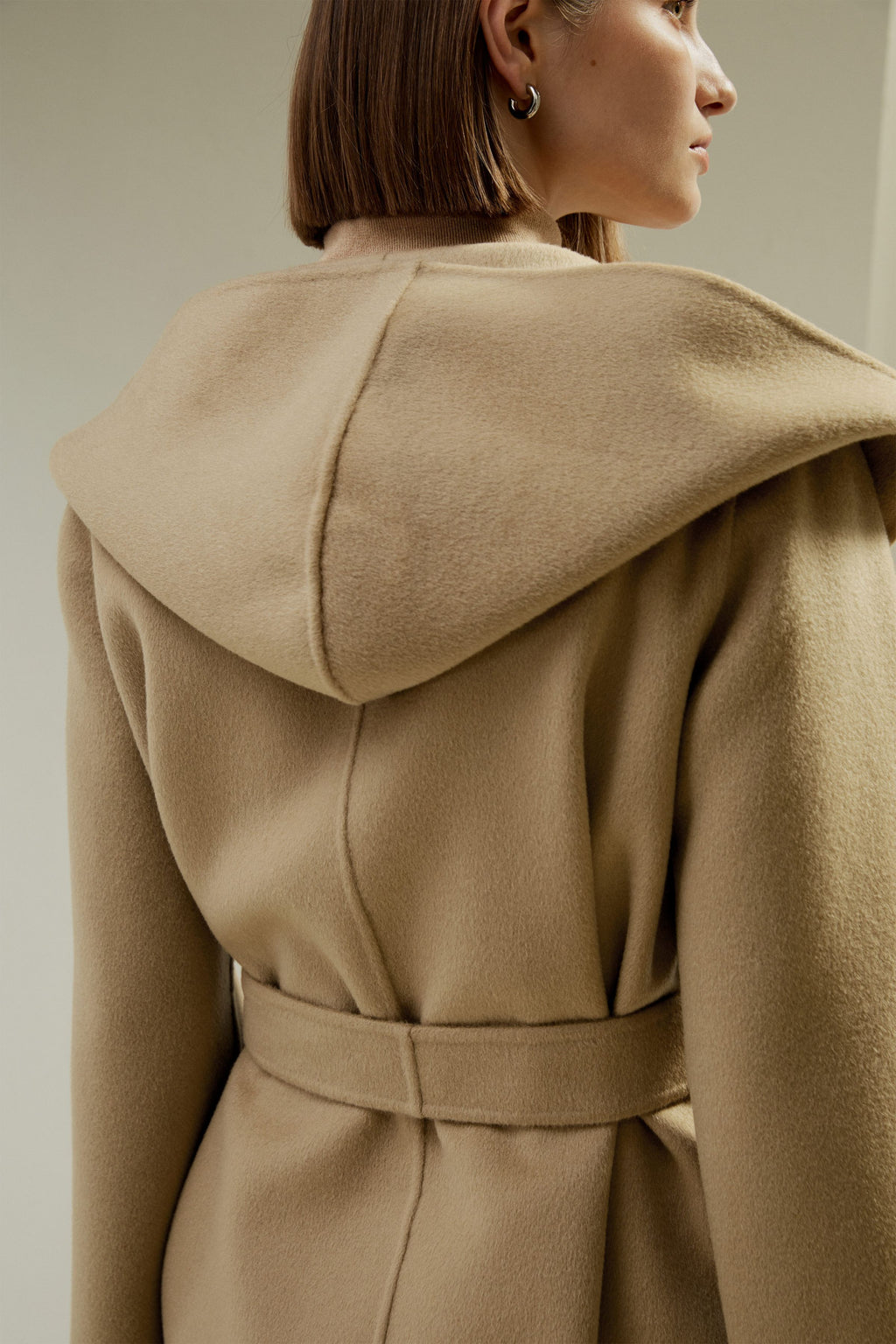 Cashmere-Wool-Blend Belted Short Hooded Coat