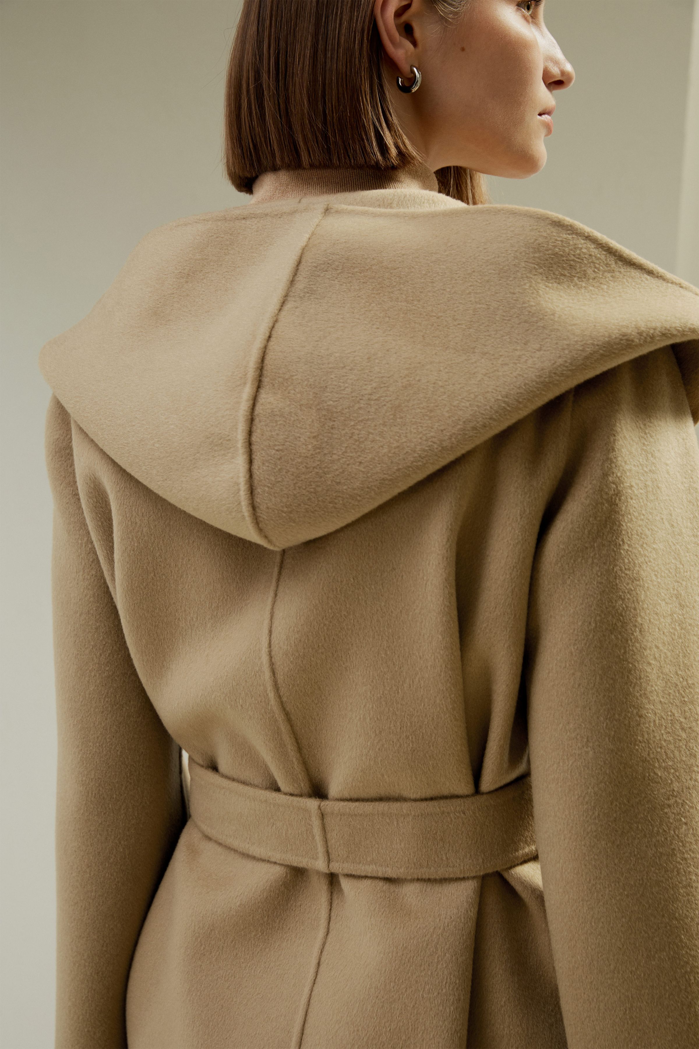 Cashmere-Wool-Blend Belted Short Hooded Coat