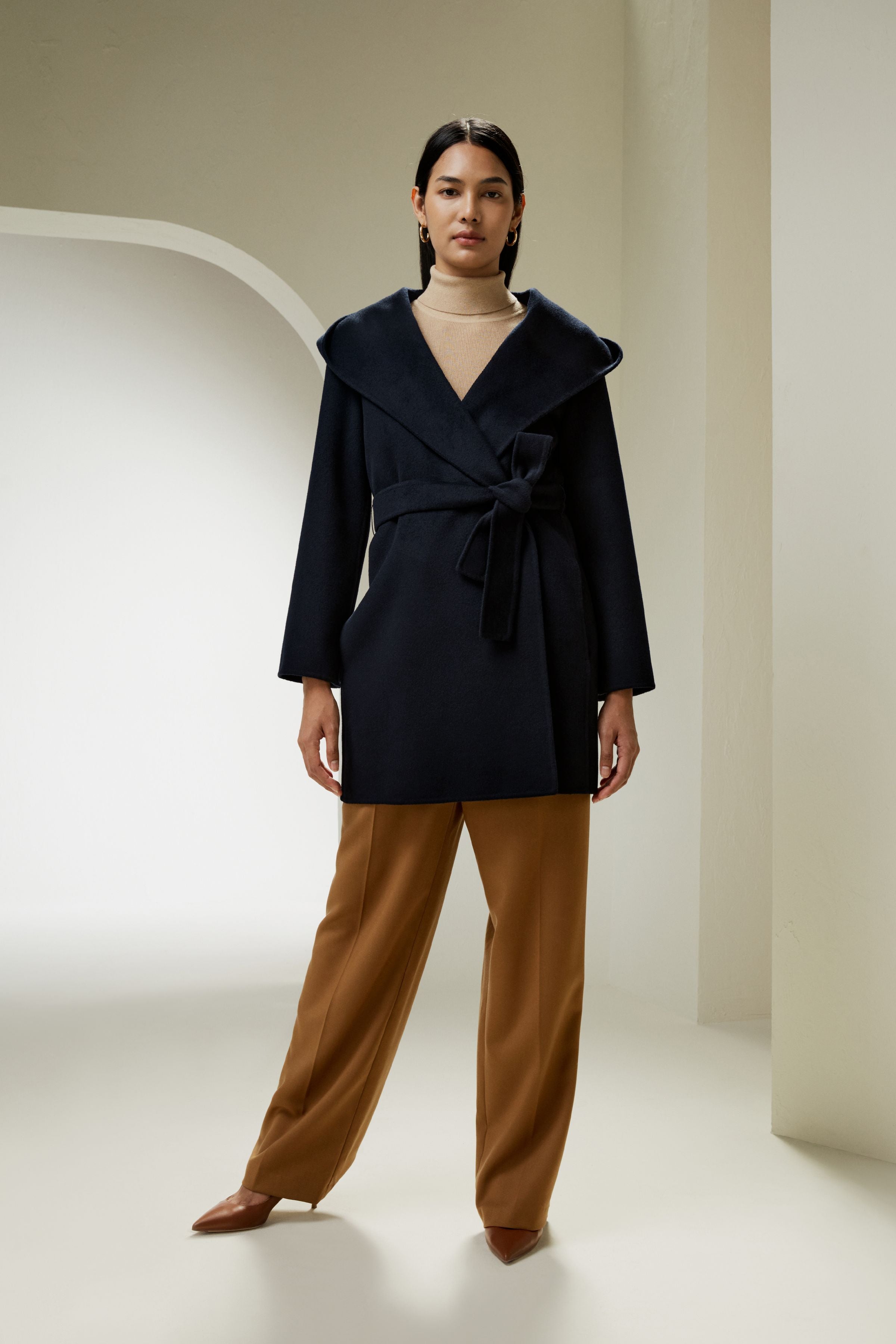 Cashmere-Wool-Blend Belted Short Hooded Coat