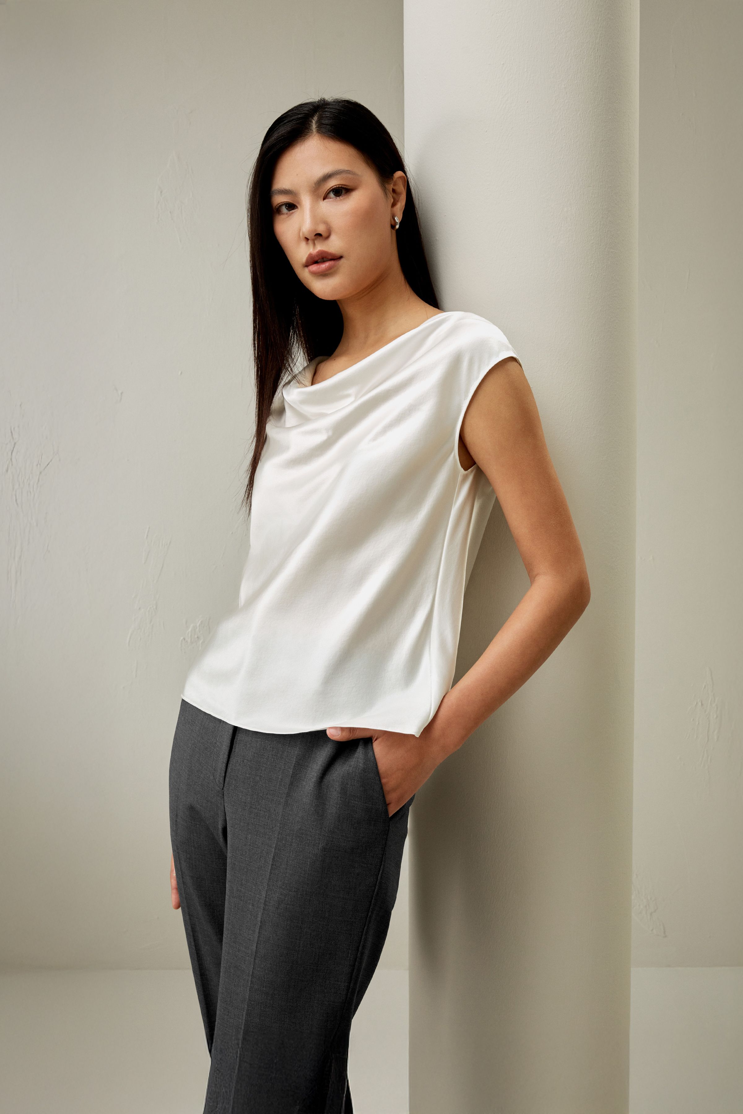 Silk Charmeuse Cowl Neck Top